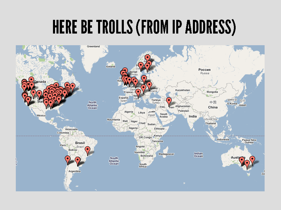 A map of troll commenters (from IP address). Most of them are in the US or Europe.