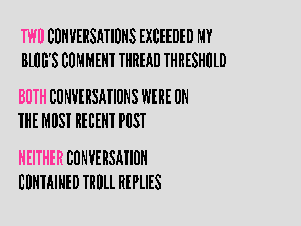 Two conversations exceeded my blog's comment thread threshold. Both conversations were on the most recent post. Neither conversation contained troll replies.
